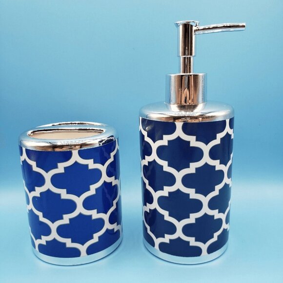 4-Piece Frework Bathroom Set Blue Waste Basket Lotion Tooth Brush Holders S Hook - Picture 3 of 11